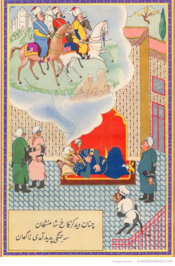 هیتلر در کابوسی سه مرد جنگی (چرچیل، استالین، و روزولت) را می بیند که او را از تخت به زیر می کشند هیتلر در کابوسی سه مرد جنگی (چرچیل، استالین، و روزولت) را می بیند که او را از تخت به زیر می کشند