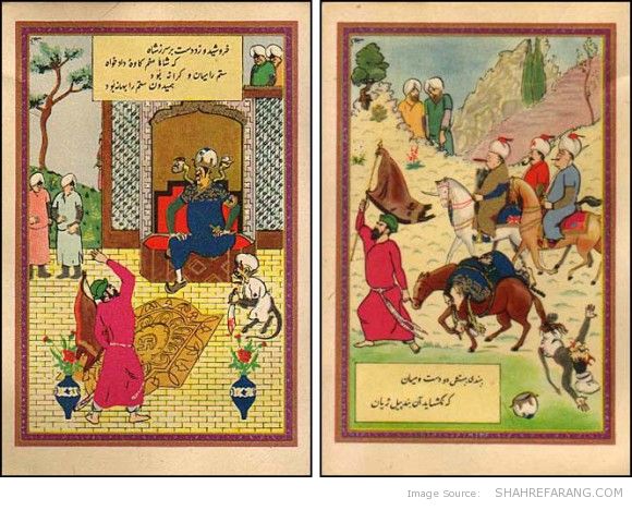 تصویر سمت چپ: اعتراض کاوه به هیتلر - تصویر سمت راست: پیروزی سه مرد جنگی (چرچیل، روزولت، و استالین) بر ضحاک (هیتلر) تصویر سمت چپ: اعتراض کاوه به هیتلر - تصویر سمت راست: پیروزی سه مرد جنگی (چرچیل، روزولت، و استالین) بر ضحاک (هیتلر)