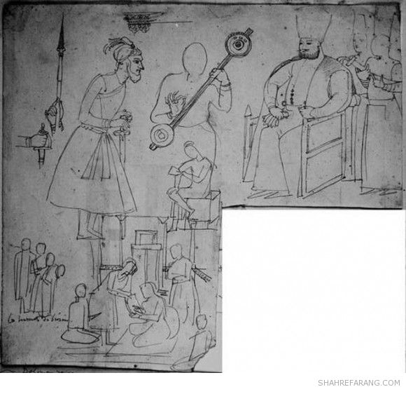 پادشاه، نوازندگان، و شخصیت هایی در حیاط یک خانه، طراحی از ژان آگوست دمینیک انگر